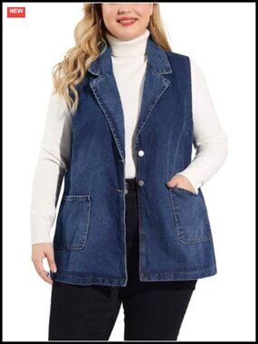 Plus Size Sleeveless Denim Vest with Collar Button Front Long Jean Jacket Tunic